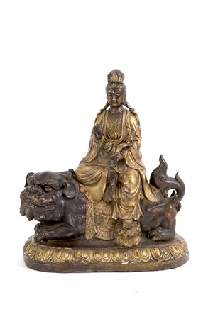 Bronze sculpture "GUANYN SITTING ON FO DOG"