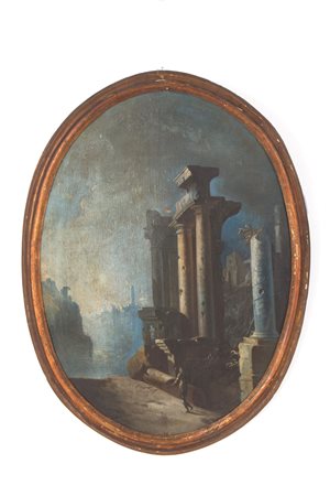 Oval painting "MARINA WITH ARCHITECTURE AND CHARACTER"