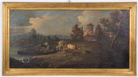 Painting "LAKE LANDSCAPE WITH FIGURES AND ANIMALS"