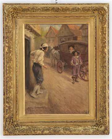 ROWLAND WHEELWRIGHT. Painting "CARRIAGE WITH CHARACTERS IN THE VILLAGE"