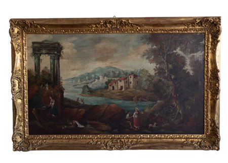 Paesaggio arcadico con figure e rovine