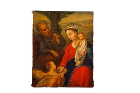 Pittore centro italiano
Angelo e San Giuseppe che porgono frutti al Bambin Gesù nel momento di riposo durante la fuga in Egitto