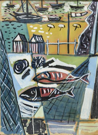 DIPINTO PESCI E BARCHE DI ANTONIO CORPORA