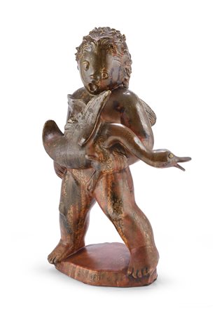 SCULTURA IN CERAMICA PUTTO CON OCA DI ANGELO BIANCINI
