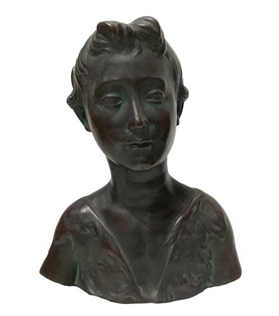 Mezzobusto di ragazza in terracotta patinato in bronzo verde, fine XIX secolo