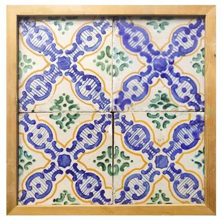 Composizione di N.4 Mattonelle in maiolica di Caltagirone, fine XIX secolo