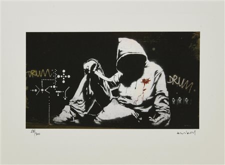 Da Banksy HOODIE WITH KNIFE eliografia su carta, cm 28,5x38; es. 28/300 firma...
