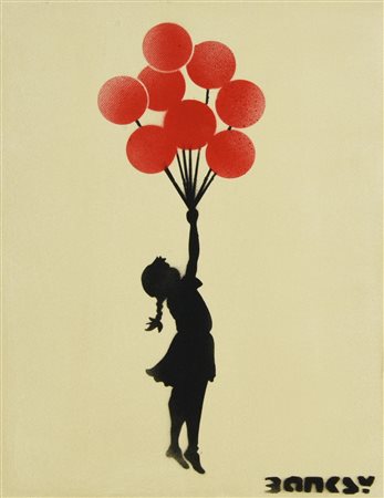 Banksy GIRL WITH A BALLOON spray stencil su tela, cm 35x27; es.7/10 sul...
