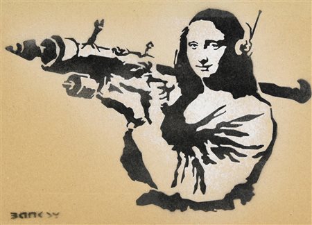 Banksy MONA LISA BAZOOKA sprayed stencil graffiti su cartone, cm 20x28,5; es....