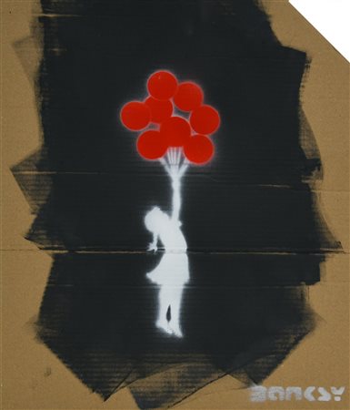 Banksy FLYING BALOON GIRL sprayed stencil graffiti su cartone, cm 50x41; es....