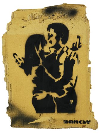 Banksy MOBILE LOVERS sprayed stencil graffiti su cartone, cm 36x26 sul retro:...