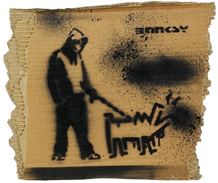 Banksy BARKING DOG (HARING) sprayed stencil graffiti su cartone, cm 26x31 sul...