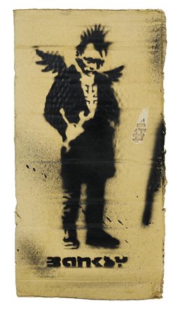 Banksy UNTITLED sprayed stencil graffiti su cartone, cm 37x19 sul retro:...