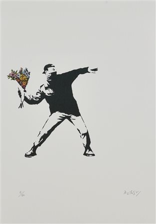 Da Banksy FLOWER TROWER litografia, cm 50x35; es. 6/60 firma, tiratura e...
