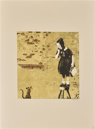 Da Banksy GIRL SCARED OF RATS litografia offset su carta Fabriano cotton...
