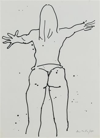 Mimmo Rotella FIGURA DI SPALLE pennarello su carta, cm 40x30 firma e data...