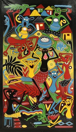 George Lilanga VITA DI VILLAGGIO acrilico su tela, cm 120x70 firma sul retro:...