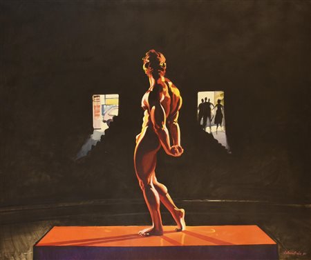 Marco Silombria IL CULTURISTA olio su tela, cm 120x150 firma e data sul...