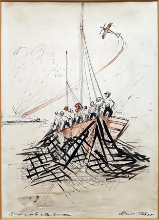 Mimmo Catalano AEREO IN VOLO SULLA TONNARA tecnica mista su carta, cm 34x24...