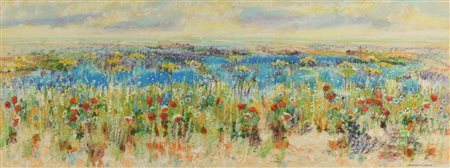 Natale Addamiano CAMPO DI FIORI tecnica mista su cartoncino, cm 23,5x63 firma