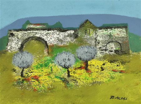 Manlio Bacosi PAESAGGIO CON ACQUEDOTTO olio su tela, cm 30x40 firma