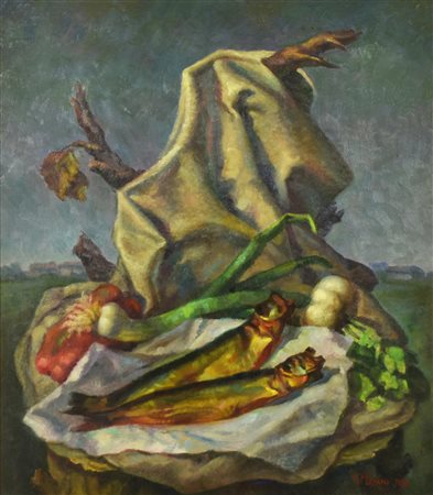 Giovanni Misani NATURA MORTA olio su tavola, cm 79x69 firma e data eseguito...