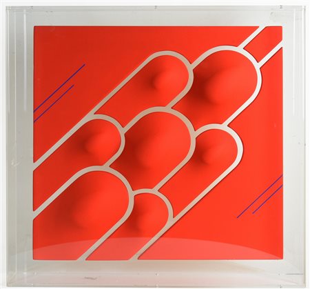 Andrea Bassani COMPOSIZIONE acrilico su tele sagomate e assemblate entro teca...