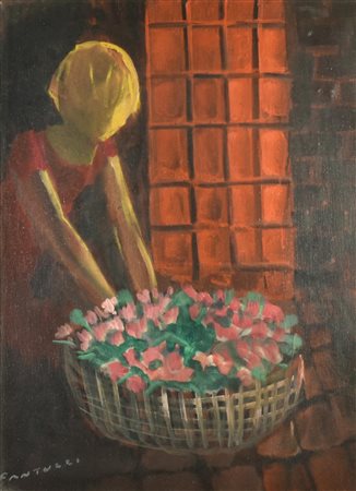 Eliano Fantuzzi FIGURA CON FIORI olio su tela, cm 70x50,5 firma sul retro:...