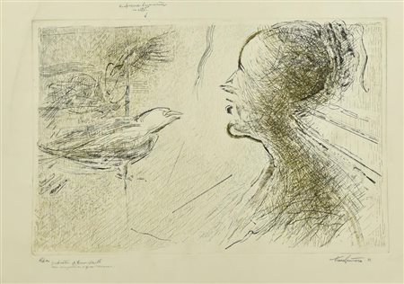 Tano Santoro PROFILO FEMMINILE E VOLATILE litografia su carta, cm 39x59, su foglio...