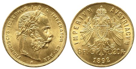 AUSTRIA. Francesco Giuseppe (1848-1916). 8 Fiorini/20 Franchi 1892. Au...
