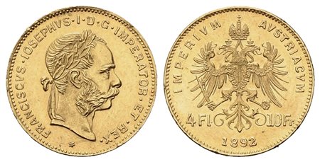 AUSTRIA. Francesco Giuseppe (1848-1816). 4 fiorini - 10 corone 1892. Au...