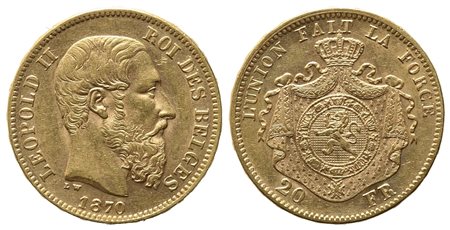 BELGIO. Leopoldo II (1865-1909). 20 Franchi 1870. Au (6,44 g). SPL