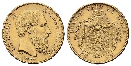 BELGIO. Leopoldo II (1865-1909). 20 franchi 1877. Au (21,30 mm – 6,48 g)....
