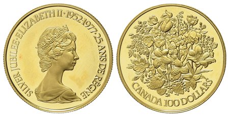 CANADA. 100 dollari 1977. 25 anniversario dell'incoronazione di Elisabetta II...