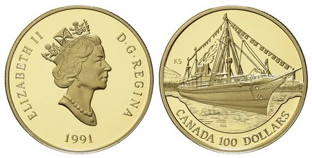 CANADA. 100 dollari 1991. Transatlantico Empress of India. Au titolo 583...