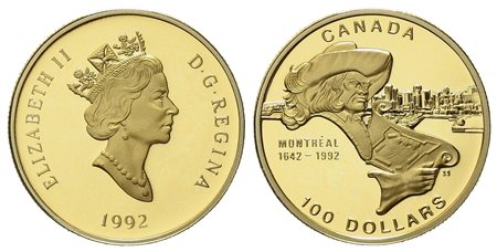 CANADA. 100 dollari 1992. Montreal 1642-1992. Au. titolo 583 (13,34 g). 1/4...