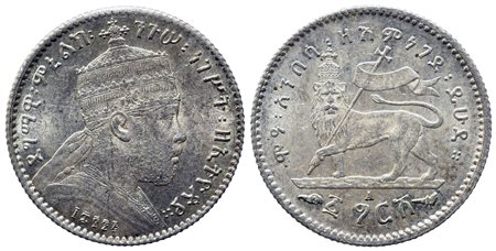 ETIOPIA. Menelik II (1889-1913). GERSH 1/20 di birr 1895. Ag (1,42 g). qFDC,...