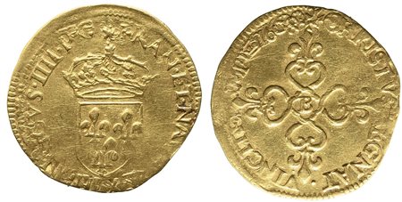FRANCIA. Enrico IV (1589-1610). Ecu d'or 1608. Rouen. KM#11.2. Au (3,25 g)....