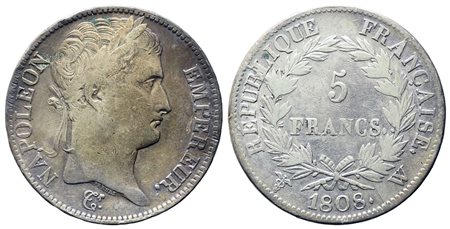 FRANCIA. Napoleone I (1804-1814). 5 franchi 1808. Lille. Ag. qBB