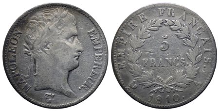 FRANCIA. Napoleone I (1804-1814). 5 franchi 1810. Parigi. Ag. qBB.