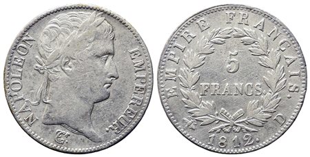 FRANCIA. Napoleone I (1804-1814). 5 franchi 1812. Lione. Ag. BB.
