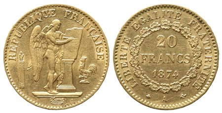 FRANCIA. Terza Repubblica (1870-1940). 20 Franchi 1874. Parigi. Au (6,45 g)....