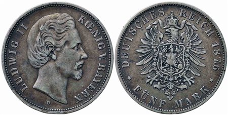 GERMANIA. Baviera. 5 Mark 1876 D. Ag. KM#502. qBB