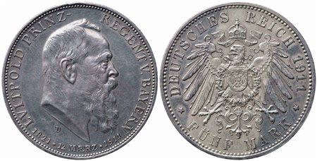 GERMANIA. Baviera. 5 Mark 1911 D. Ag. KM#999. SPL. Fondi lucenti.