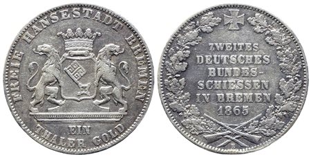 GERMANIA. Brema. Tallero 1865. II festival di tiro di Brema. Ag. BB/q.SPL