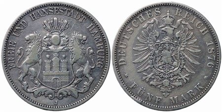 GERMANIA. Hamburg. 5 Mark 1876 J. Ag. KM#287. qBB