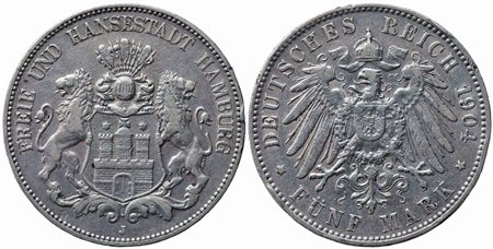 GERMANIA. Hamburg. 5 Mark 1904 J. Ag. KM#610. BB