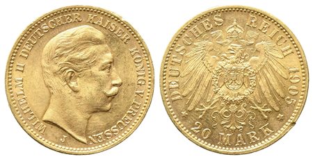 GERMANIA. Prussia. Guglielmo II (1888-1918). 20 marchi 1905 J. Au (7,97 g). qFDC