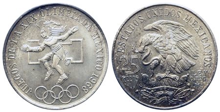 MESSICO. 25 Pesos 1968 Commemorativa Olimpiadi. Ag 720 (22,5 g). SPL+