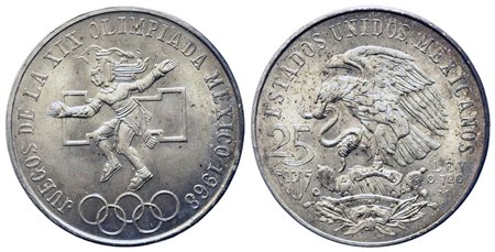 MESSICO. 25 Pesos 1968 Commemorativa Olimpiadi. Ag 720 (22,5 g). SPL+